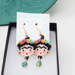 Hand-beaded Frida Kahlo earrings with colorful seed beads and turquoise drops