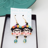 Hand-beaded Frida Kahlo earrings with colorful seed beads and turquoise drops