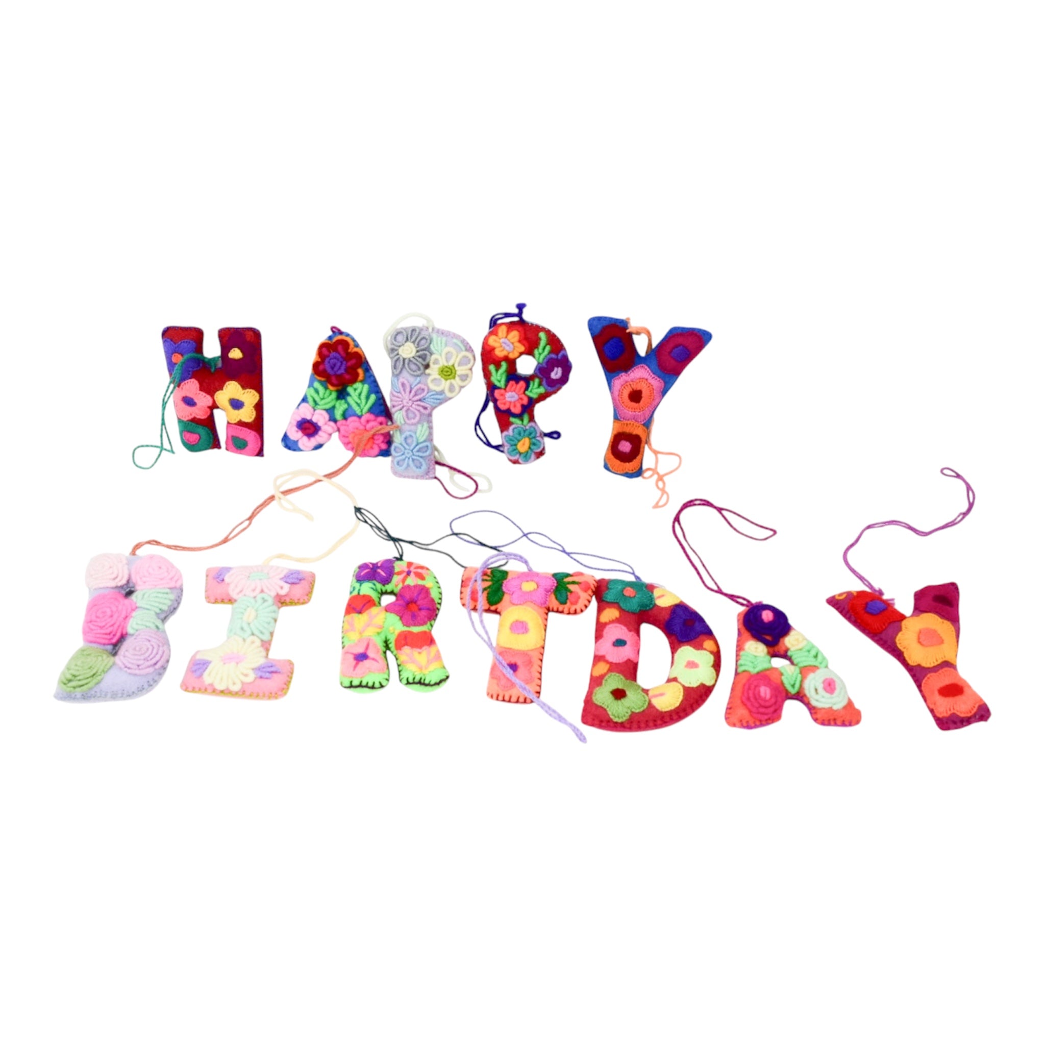 A colorful handmade felt letter banner spelling out 'HAPPY BIRTHDAY' 