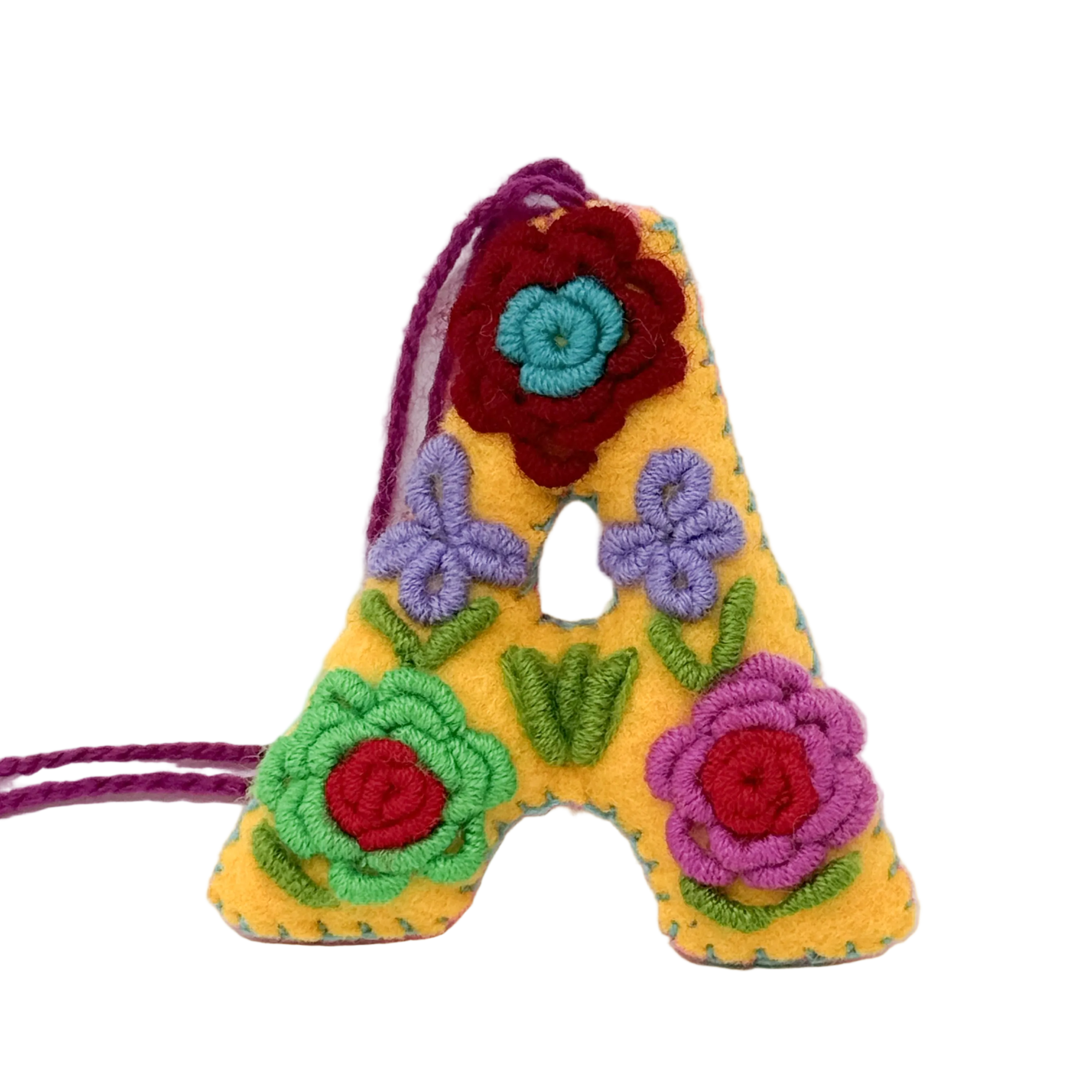 A handmade felt letter 'A' ornament decorated with colorful embroidered.