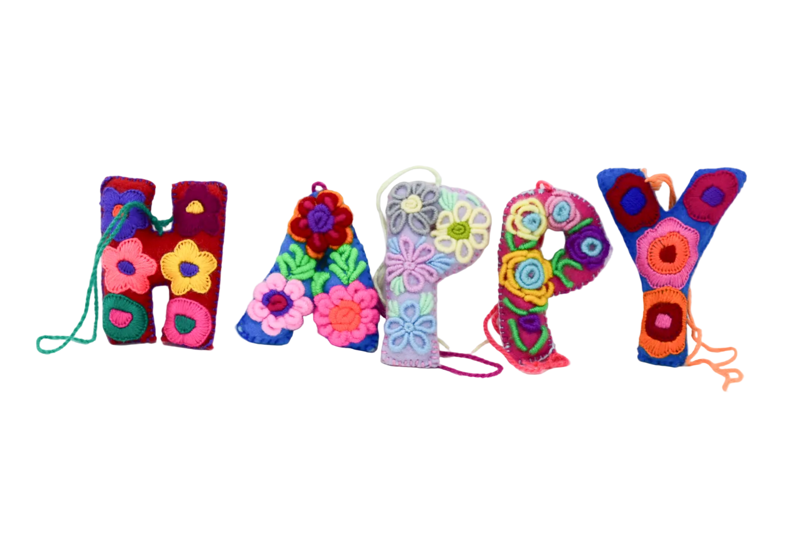 A set of colorful handmade felt letters spelling 'HAPPY' decorated with embroidered flowers. Party ideas for decoration. Mexican ideas for party