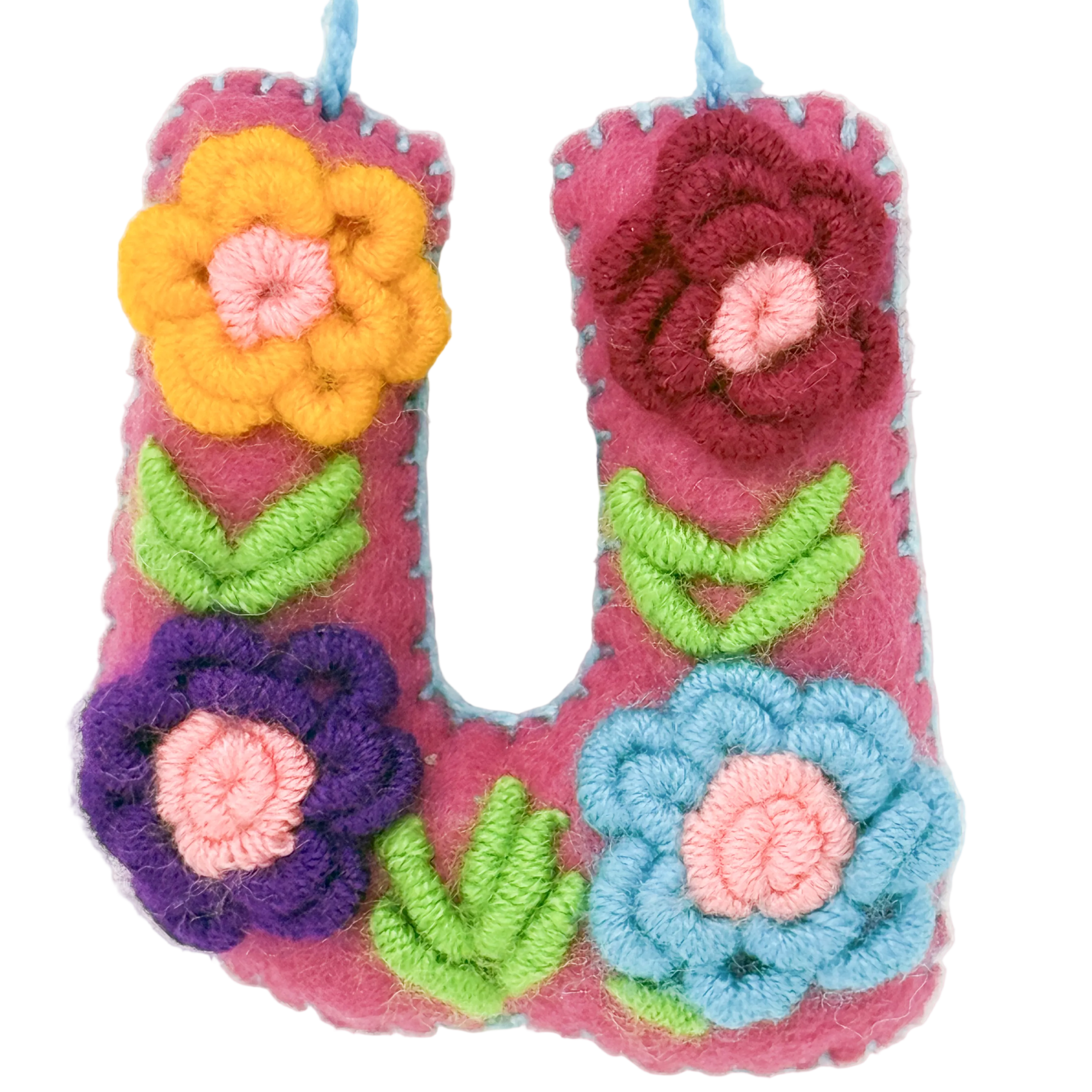 A handmade felt letter 'U' ornament 