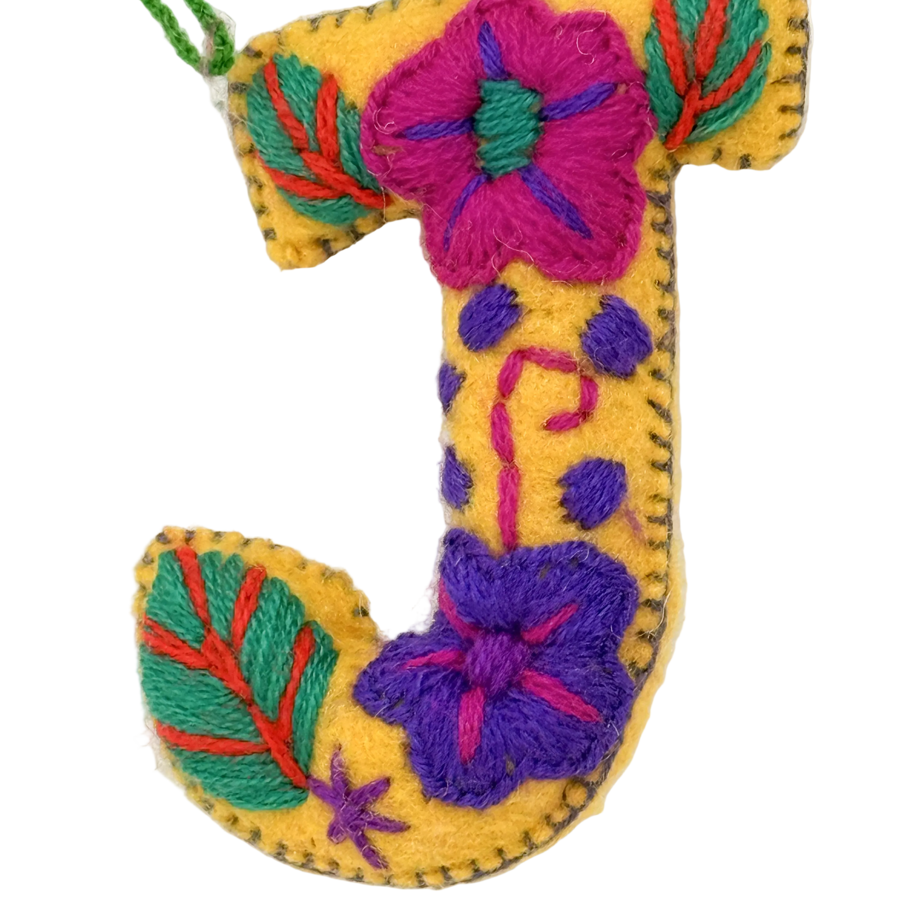 A handmade yellow felt letter 'J' ornament