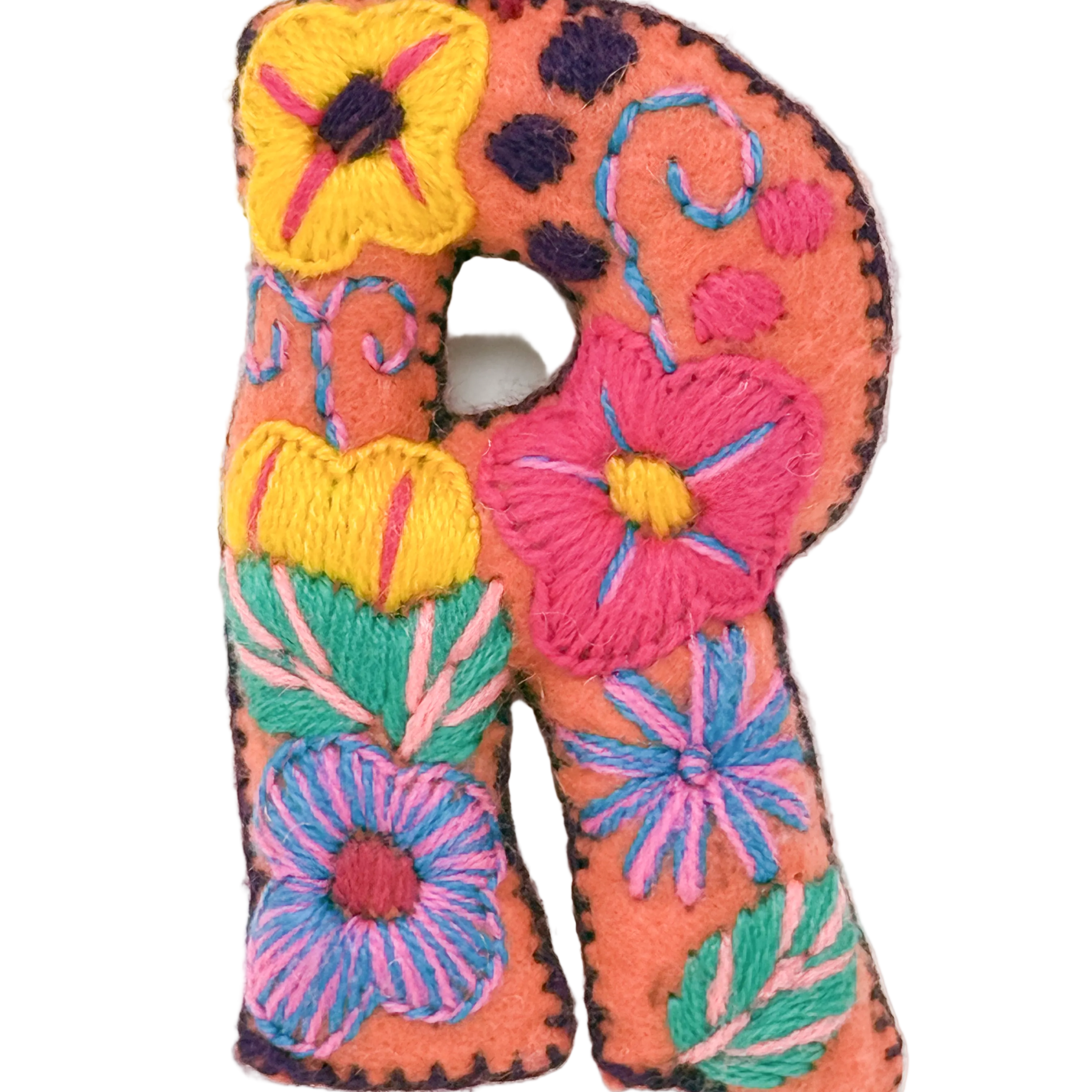 A handmade embroidered letter 'R' felt ornament.