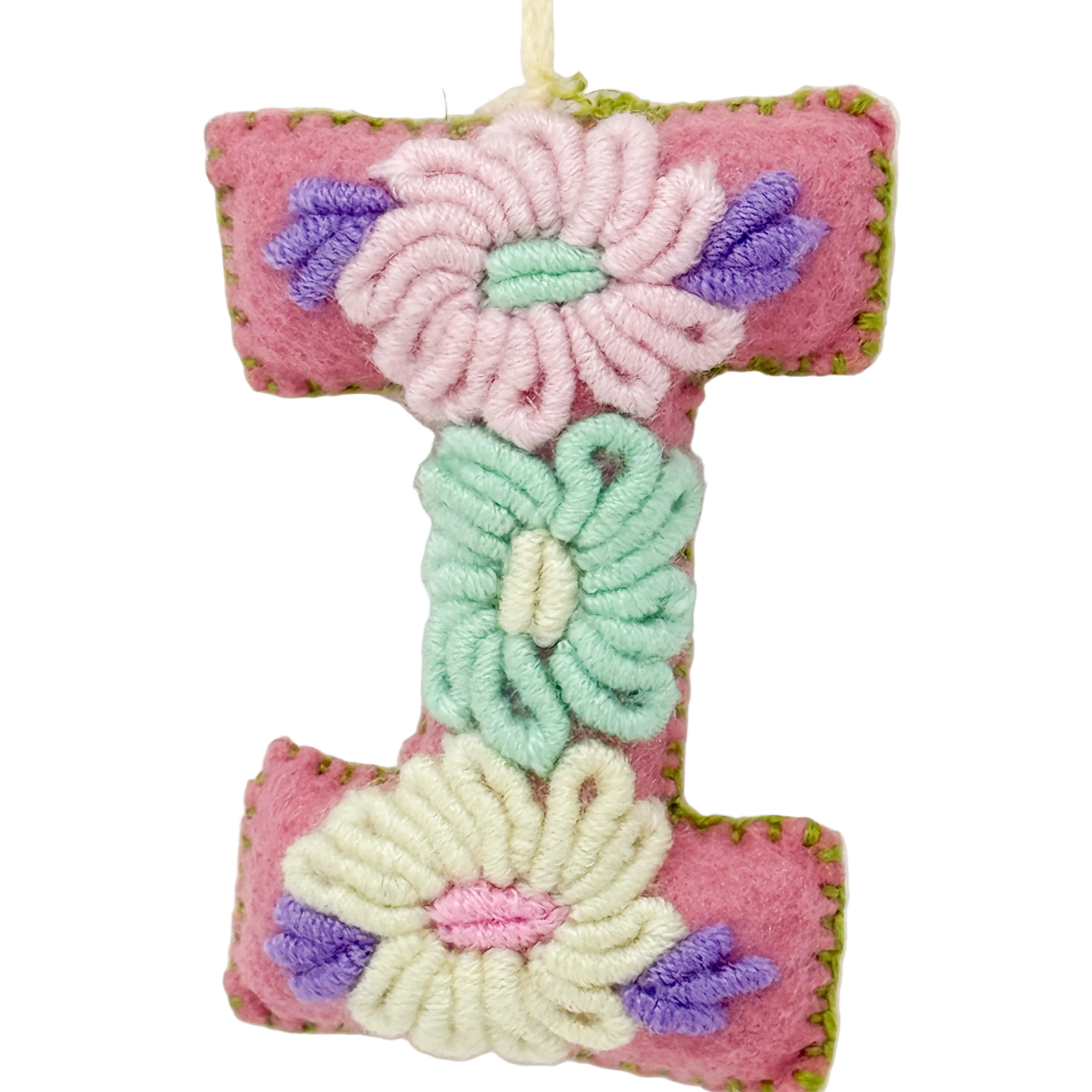 A handmade felt letter 'I' ornament from Mexico